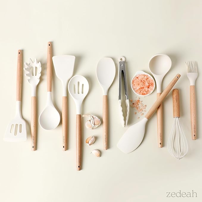 ZEDEAH 11-Piece Silicone Kitchen Utensils Set with Non Toxic Spatula, Tongs, Whisk, Turner & Ladle – Heat Resistant, Non-Scratch Cooking Tools with Wooden Handles, BPA-Free, Dishwasher Safe (Beige)