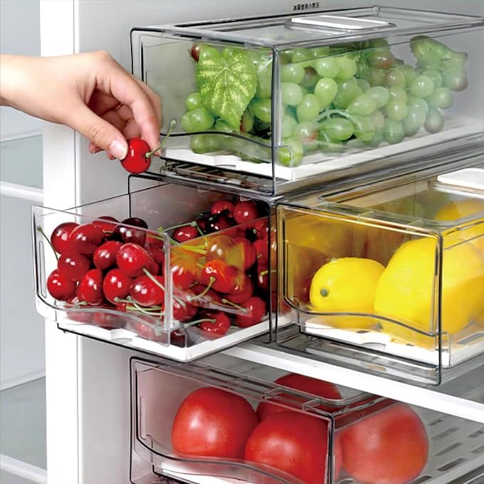 2 Pack Fruit Storage Containers for Fridge with Drain Board, Stackable Refrigerator Organizers and Storage,Reusable Food Storage Containers,Fridge Organizer Drawer for Produce,Vegetable,BPA-Free