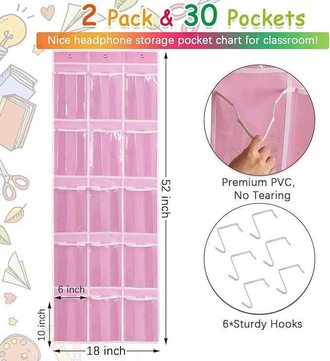 2 Pack Classroom Headphone Storage Organizer with 30 Pockets, PVC Clear Classroom Pocket Chart for Headphone Cell Phone Over-the-Door Hanging Headphone Holder Bag with 62 Labels(Pink)
