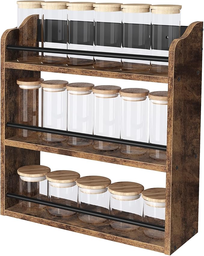 BCOZLUX Spice Rack Wall Mounted, Wood 3 Tier Spice Rack for Countertop, Vertical Spice Organizer for Spice Jars and Seasonings, Hanging Spice Shelf for Kitchen Cabinet, or Pantry, Rustic Brown