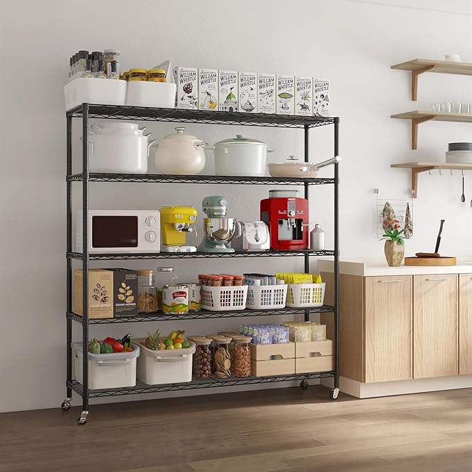 VINGLI 5 Tier Metal Storage Shelves 73''H Wire Shelving with Wheels for Storage Adjustable Heavy Duty Garage Shelving Storage Racks for Pantry Shelves Kitchen Office Garage, 73''H X46''W X17''D