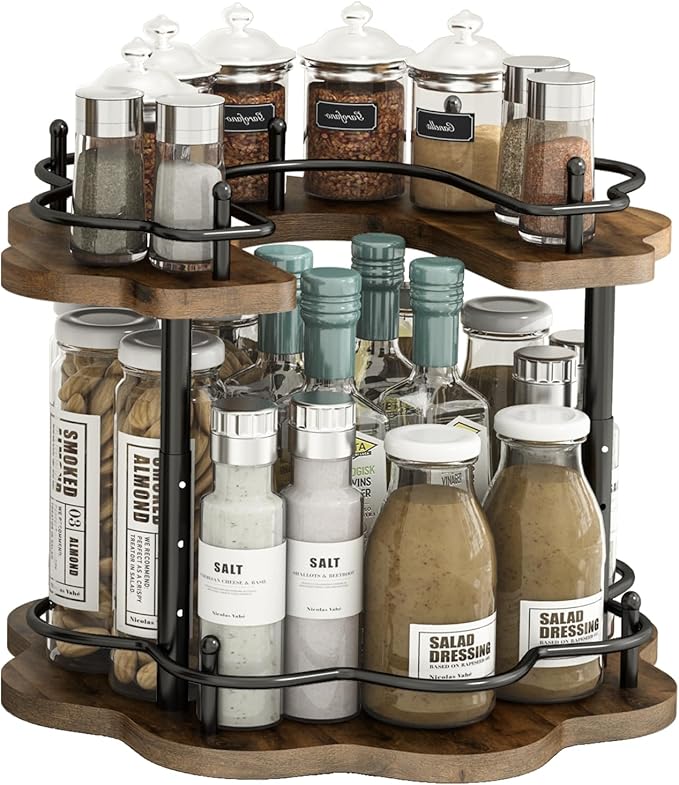 LIAISIMI 2 Tier Lazy Susan Organizer,2-Tier Spinning Spice Rack with Stable Carousel Base & 4 Height Settings for Cupboard Kitchen Countertop Dining Table Cupboard (Petal Shape)