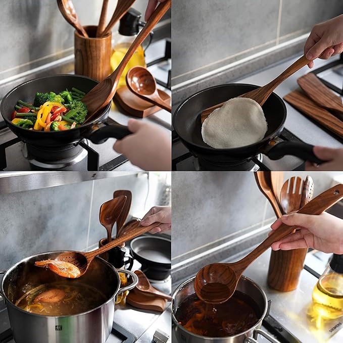 Wooden Utensil Set 8 Pcs – Sturdy & Easy to Clean, Natural Teak Wooden Spoons for Cooking – Non-Scratch Cooking Utensils with Spatula, Turner, Ladle, Spoons, Skimmer, Holder, Spoon Rest & 6 Hooks
