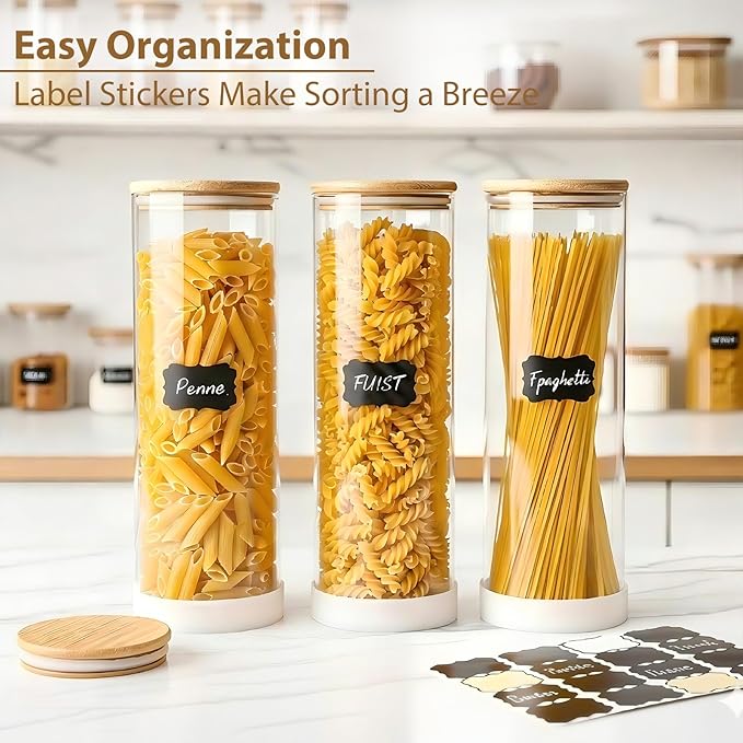 73oz Glass Spaghetti Containers for Pantry Organization, 3-Pack Large Airtight Food Jars with Bamboo Lids and Non-Slip Silicone Bases, Clear Storage Canisters for Pasta, Flour, Cereal, Rice