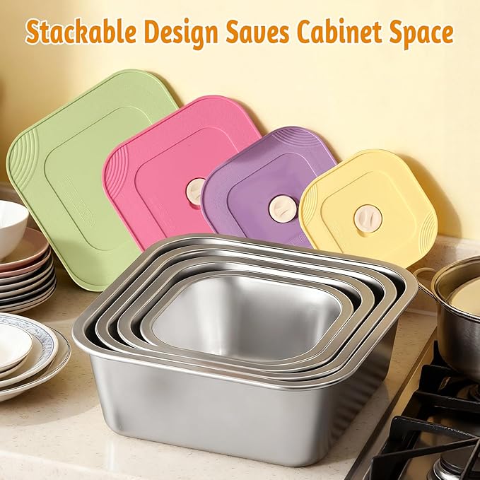 4-Piece Stainless Steel Snack & Lunch Box with Lids Set (Size 4.5", 5.5", 6.3", 7"), Stackable Metal Food Storage Containers, Airtight Leakproof Lunch Containers, Dishwasher Safe Bento Box