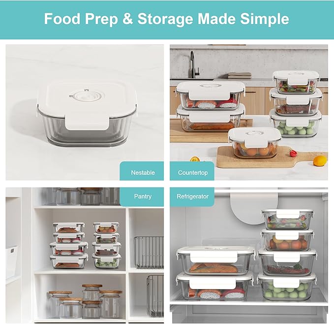 Vacuum Seal Glass Food Storage Containers, 6pcs Containerswith 10pcs Sous Vide Bags/ 1pc Automatic Pump, Meal Prep Container with Airtight Locking Lids for Lunch,Long-Lasting Freshness