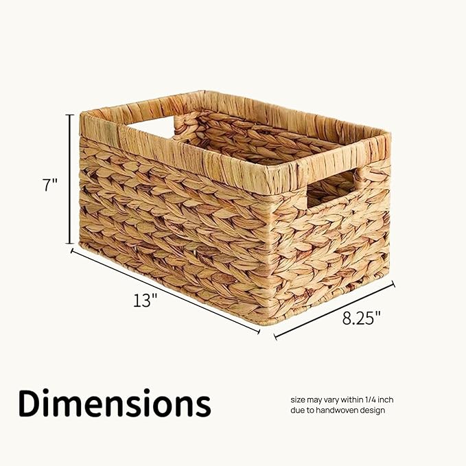 Water Hyacinth Woven Storage Baskets, Set of 4 Wicker Baskets for Organizing with Built-In Handles, Handwoven Rectangular Shelf Bins for Pantry, Bathroom, Kitchen, Closet (13 x 8.25 x 7 in)