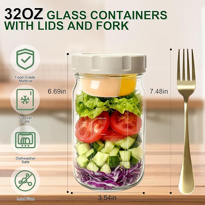 4 Pack Glass Salad Jars with Lids,32oz Mason Jars for Meal Prep,Leakproof Lunch Container with Two Small Built-in Boxes for Wet/Dry Separation of Salad Dressing and Dry Ingredients ( Apricot White)