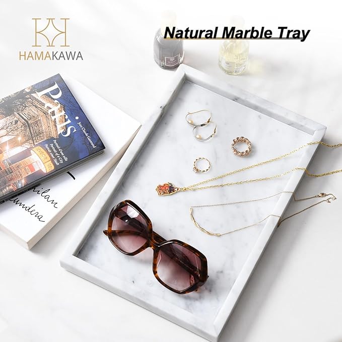 HAMAKAWA Large Bathroom Vanity Tray, Real Natural Marble Sink Tray 12 inch, Carrara White Stone Toilet Tank Trays, Modern Dresser Trays, Countertop Organizer for Kitchen Counter, Soap Dispenser