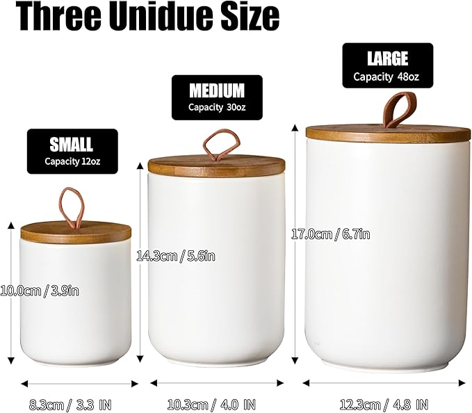 JOJUNO White Ceramic Canister Set with Wooden Lid, 3-Piece Airtight Food Storage Jars for Kitchen Counter - Flour, Sugar, Coffee, Tea, Spice - Small, Medium, Large Sizes