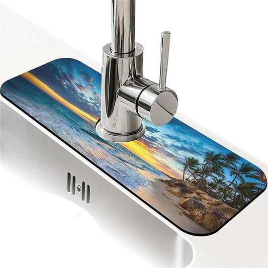 Kitchen Sink Splash Guard，Sunrise over the beach Faucet Mat Sink Gadgets-Super Absorbent Fast Drying Mat Drip Catcher for Kitchen, Bathroom,Sink Mat, Dish Drying Mat, Bathroom(15" X 5.5" )
