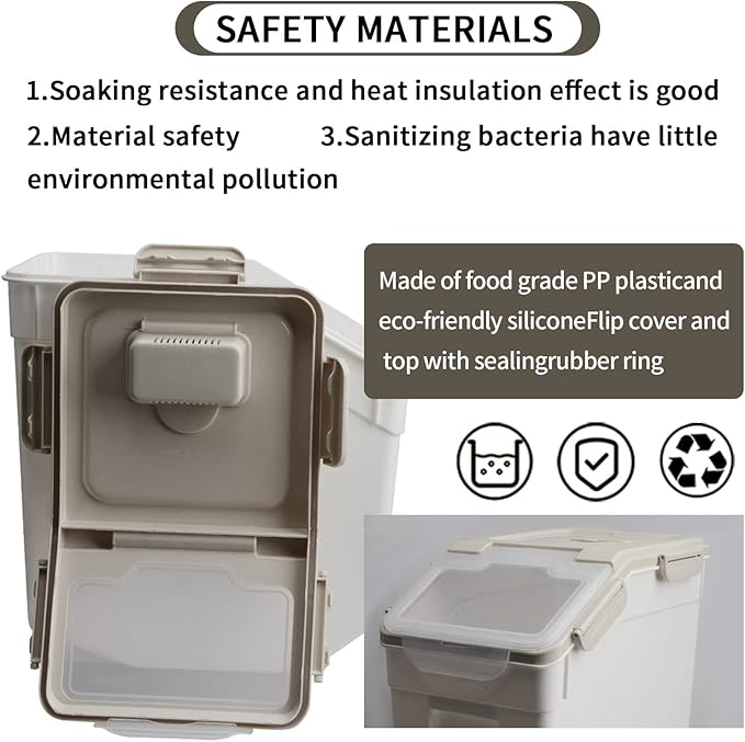 AnRui Airtight Flour Storage Container 25lb, Plastic Grain Storage Bucket, Rice Cereal Dispenser Organizer Box with Lid, Cat Dog Food Storage Bin with Measuring Cup, Scoop, Wheels, 2Pcs Grey