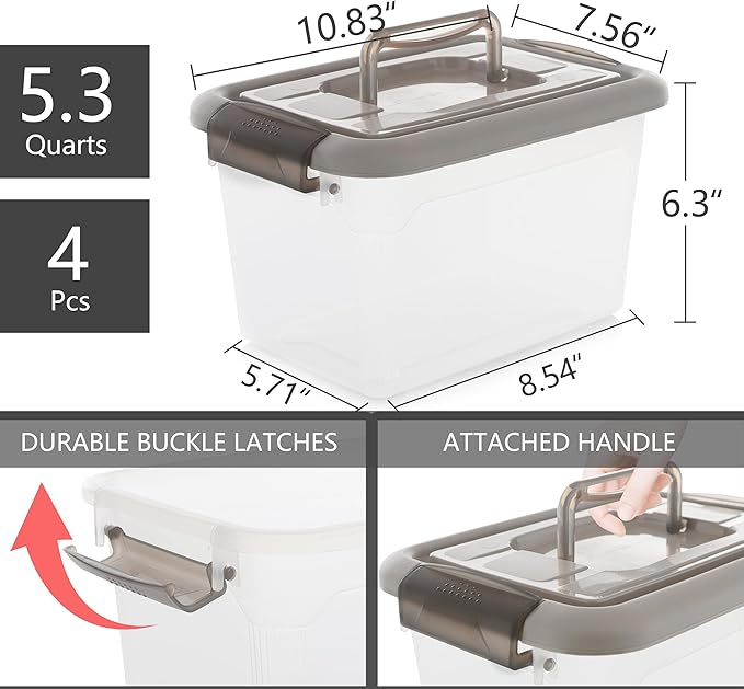 Citylife 4 Packs 6 QT Plastic Storage Bins with Latching Lids Stackable Storage Containers for Organizing Clear Storage Box for Garage, Closet, Kitchen