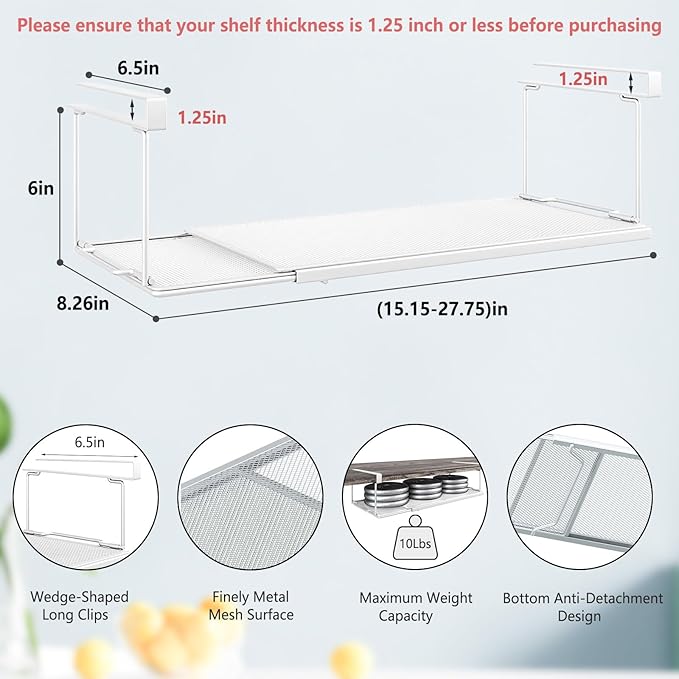 Expandable Under Cabinet Shelf, Extendable Under Shelf Storage with 1.25 Inches Thick Clips for Shoe Rack, Pantry Cabinet, Laundry Room. (White, 2 Pack, Interior: 6" H x 8.26" D)