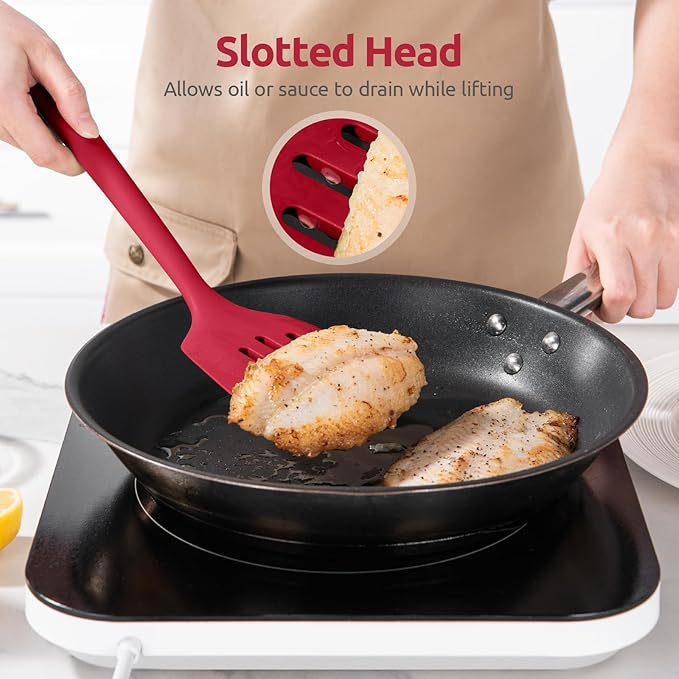 600ºF Heat Resistant Slotted Turner: U-Taste 13.6in Silicone Kitchen Spatula Flipper, 3.74in Wide Food Grade Flexible Thin Rubber Cooking Utensil for Egg, Pancake, Cookie in Nonstick Cookware (Red)