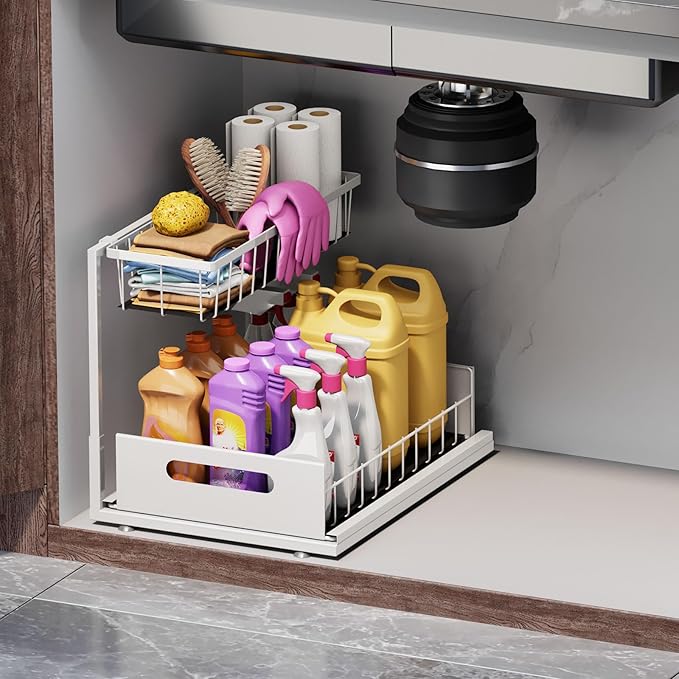 Ceetug Under Sink Organizers and Storage 2 Tier Slide Out Kitchen Cabinet Organizer Sturdy Metal Bathroom Storage (White, 1 Pack)