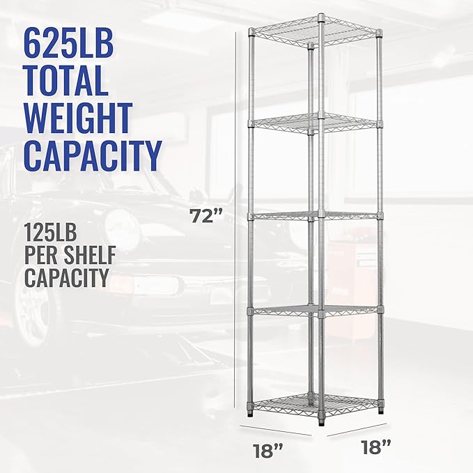 SafeRacks - NSF Certified Storage Shelves, Zinc, Heavy Duty Steel Wire Unit with Adjustable Feet, Garage or Bakers Rack, Kitchen, Pantry Shelf - (18"x18"x72" 5-Tier) (Silver)