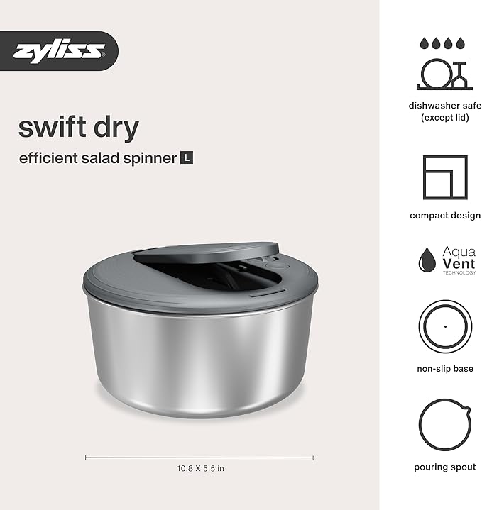 Zyliss Swift Dry Salad Spinner - Fruit Cleaner & Lettuce Spinner with Push Pump - Non-Slip Bowl - Dishwasher Safe - Large