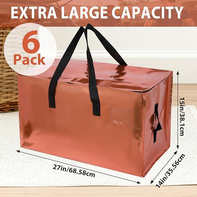 6 Pack Moving Bags Heavy Duty, Extra Large Moving Bags, Moving Supplies, Storage Bags with Handles and Zippers, Waterproof Totes for Storage Saving Packaging Shipping and Travel(Laser Copper)