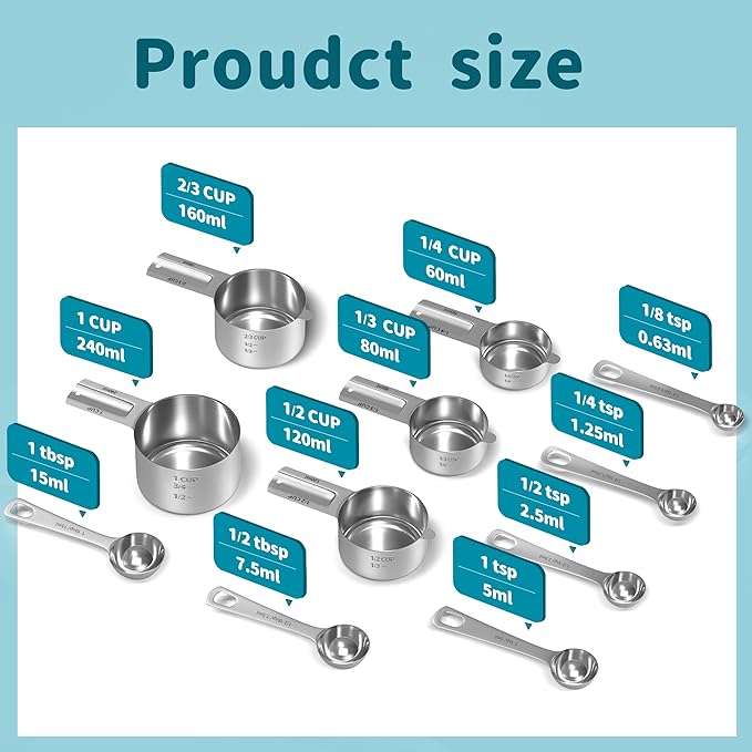 Minteem Measuring Cups and Spoons Set, Stainless Steel Measuring Cups Measuring Spoons with Easy to Read Markings, Ideal Kitchen Gadgets for Cooking & Baking, 11 Pack