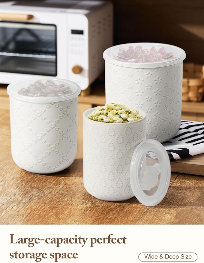 Kitchen Utensil Holder for Countertop, Ceramic Utensil Holder for Kitchen Counter, Set of 3, Kitchen Decor, Utensil Organizer for Spatulas and Spoons, Flower Arrangement and Storage for Coffee (White)