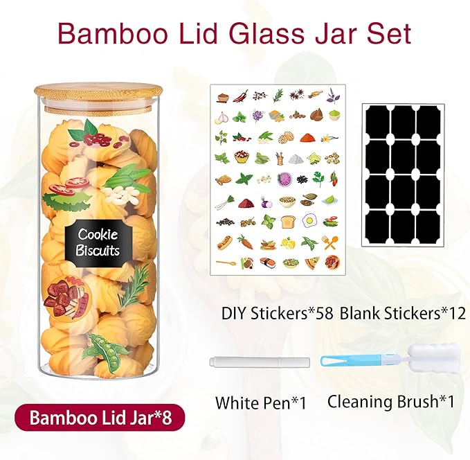 32 oz 8 Pcs Glass Jars with Bamboo Lids, Stackable Clear Food Storage Jars, Airtight Kichen Glass Pantry Storage Containers with Lids for Rice, Candy, Sugar, Flour, Nuts, Cookie, Coffee Bean