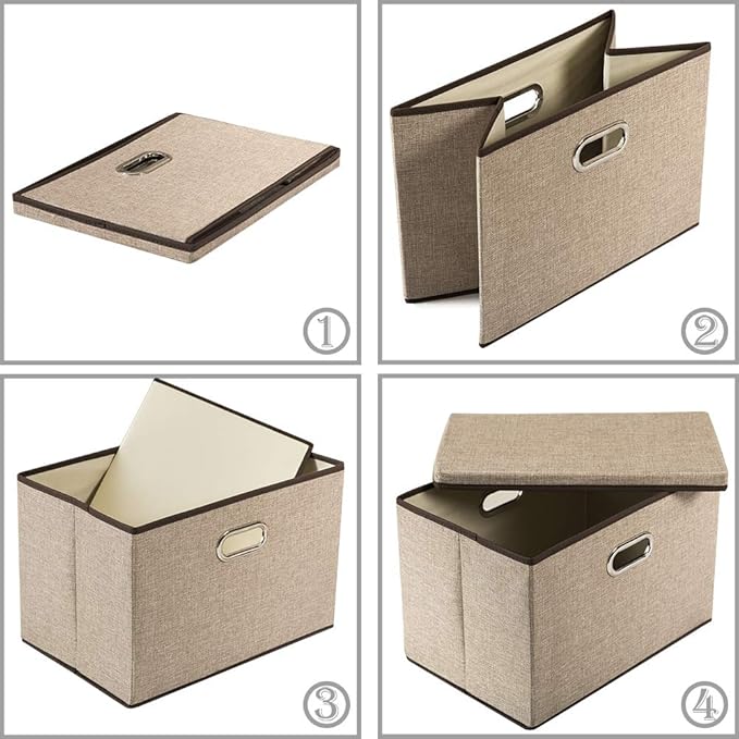 PRANDOM Large Collapsible Storage Baskets with Lids [5-Pack] Jute Fabric Foldable Storage Bins Boxes Organizer Containers Cube with Cover for Home Bedroom Closet Office Nursery (17.7x11.8x11.8)