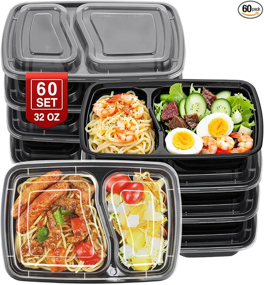 NEEBAKE 60 Sets 32oz Meal Prep Containers 2 Compartment - Plastic Food Storage Containers 2 Compartments with Lids