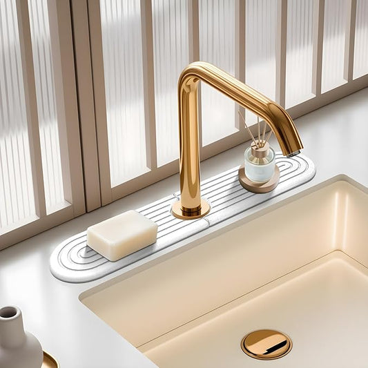 Diatomite Stone Faucet Mat For Kitchen Sink-Absorbent Fast Drying Stone Sink Tray,Faucet Splash Guard Counter,Quick Dry Sink Mat Around Faucet For Kitchen & Bathroom (white-Oval,15.7" x 4")