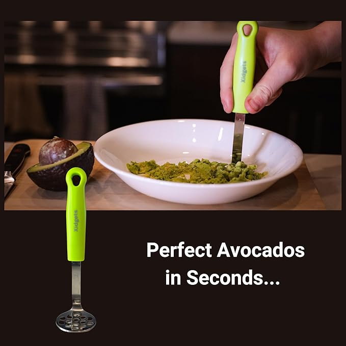 2 pc box set - Large Stainless Steel Meat Chopper & mini Avocado Masher - with Heavy Duty Handle & Mashing Head for Beef, Turkey and More – Dishwasher Safe (Midnight Plum 10"/Zippy Green Mini)