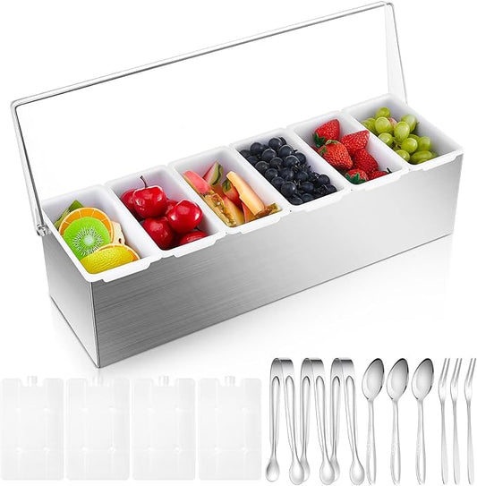 Mifoci 1 Pack Stainless Steel Chilled Condiment Server 6 Removable Slot Toppings Containers with Lid and Bottom Ice Bar Garnish Tray with 9 Silverwares 4 Ice Boxes for Christmas Party, Events and Bar