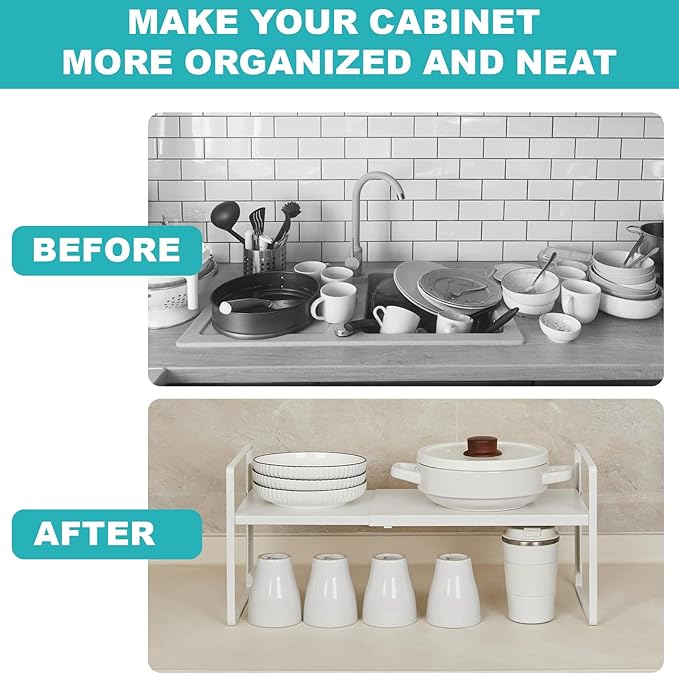Expandable Cabinet Shelf, Lengths Adjustable Shelf Organizer Riser, Metal Space-Saving Cupboard Organizers for Kitchen Cabinet Pantry Cupboard Under Sink Countertop, White