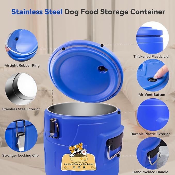 Newget 20lb Dog Food Storage Container, Stainless Steel Airtight Pet Food Storage Container and Durable Plastic Food Container, Large Metal Cat Food Container with Lid and Scoop to Keep Fresh