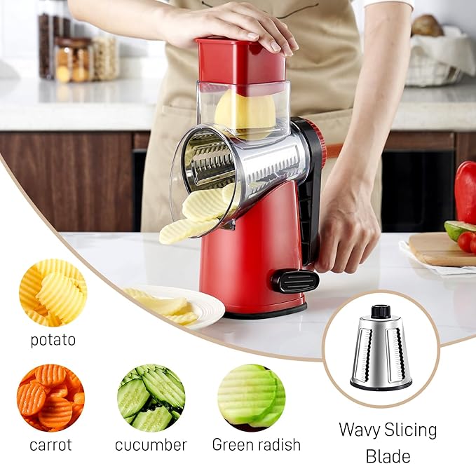 Weltonhm Rotary Cheese Graters with 4 Blades, Hand Crank Cheese Grater with Waffle Slicer, Red, Black and White Cheese Shredder with Suction Base, Easier for Shredding & Grating (Red, 4 Graters)