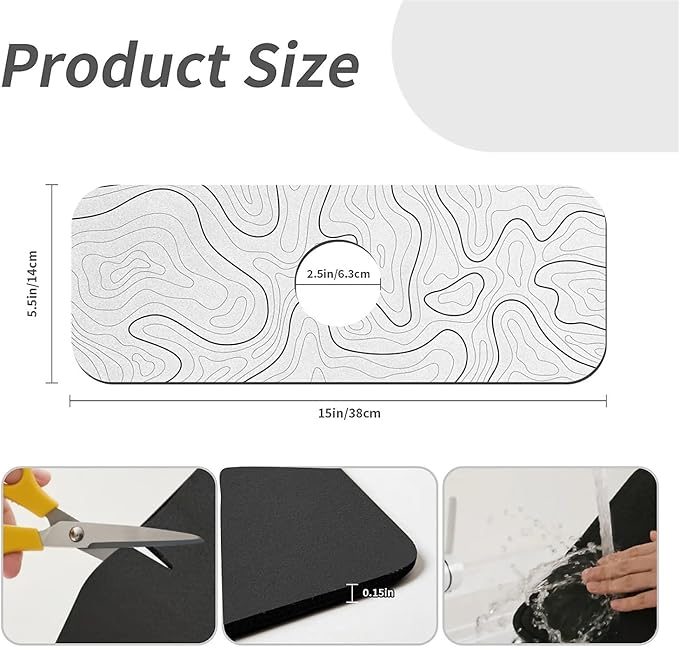 Kitchen Sink Splash Guard，White line terrain Faucet Mat Sink Gadgets-Super Absorbent Fast Drying Mat Drip Catcher for Kitchen, Bathroom,Sink Mat, Dish Drying Mat, Bathroom(15" X 5.5" )