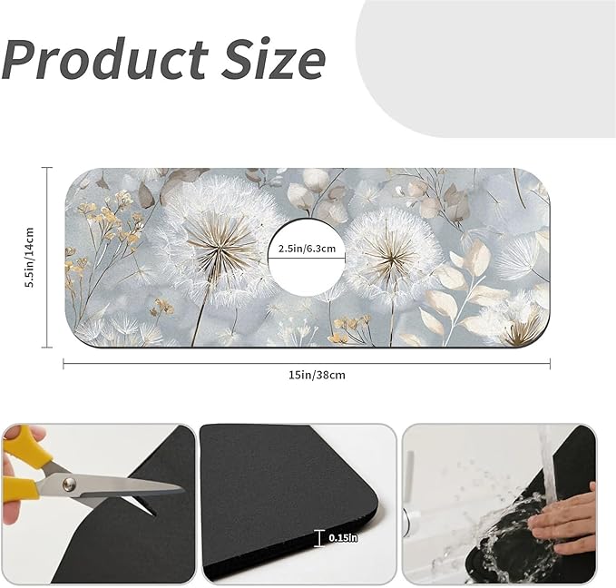 Kitchen Sink Splash Guard，Dandelion and wildflower Faucet Mat Sink Gadgets-Super Absorbent Fast Drying Mat Drip Catcher for Kitchen, Bathroom,Sink Mat, Dish Drying Mat, Bathroom(15" X 5.5" )