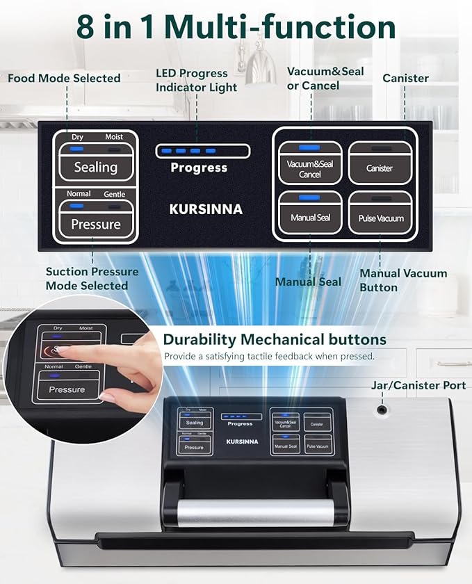 Vacuum Food Sealer Machine, 95Kpa Automatic Food Sealer, Low Noise Food Vacuum Saver with Sealer Bags, Roll, Build-in Cutter, Handheld and Compact Design