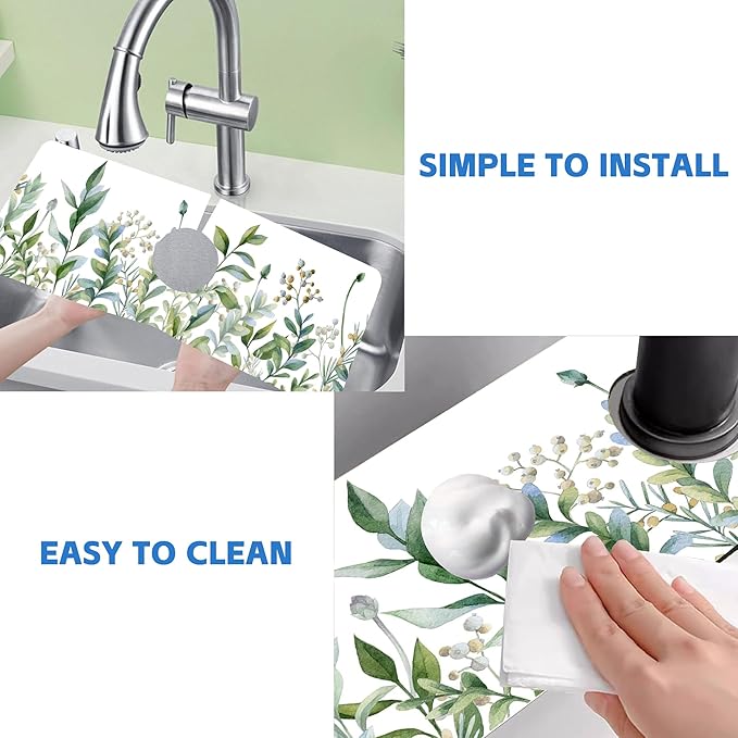 Watercolor Green Branch Leaves Dish Drying Mat for Kitchen Sink Splash Guard Behind Faucet Sink Mat Absorbent Fast Drying Faucet Draining Mat for Bathroom Kitchen 5.5"×15"