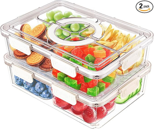 2PCS Divided Serving Tray with Lid & Handle, 4 Compartment Removable Snack Box, Kitchen Organizers and Storage, Snackle Box Container, BPA-Free Fruit Storage Container for Berry, Snack, Candy, Nuts…