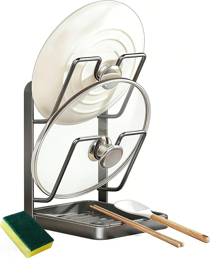 POCONT Kitchen Pot Lid Storage Rack, Carbon Steel Pot Lid Holder with Spoon Rest While Cooking, Multifunctional Kitchen Organizer Stand for Counter Top with Removable Drip Tray