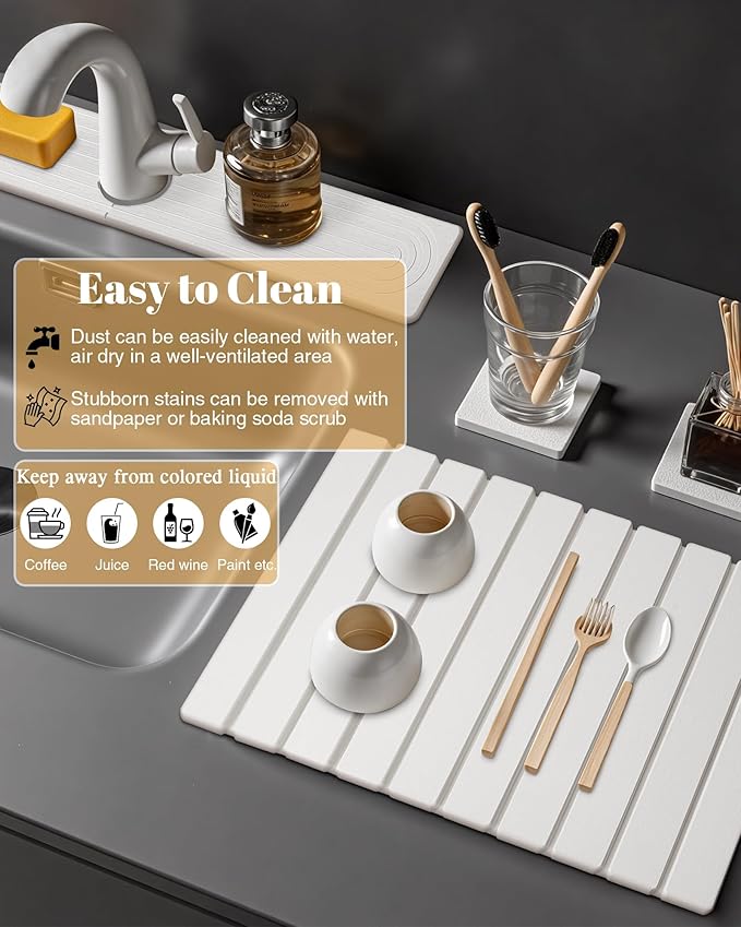 Set of 2 Large Stone Dish Drying Mat for Kitchen Counter + Faucet Mat for Kitchen Sink, Collapsible Fast Drying Diatomaceous Dish Mat, Stone Sink Splash Guard, Water Absorbing Stone Tray for Sink