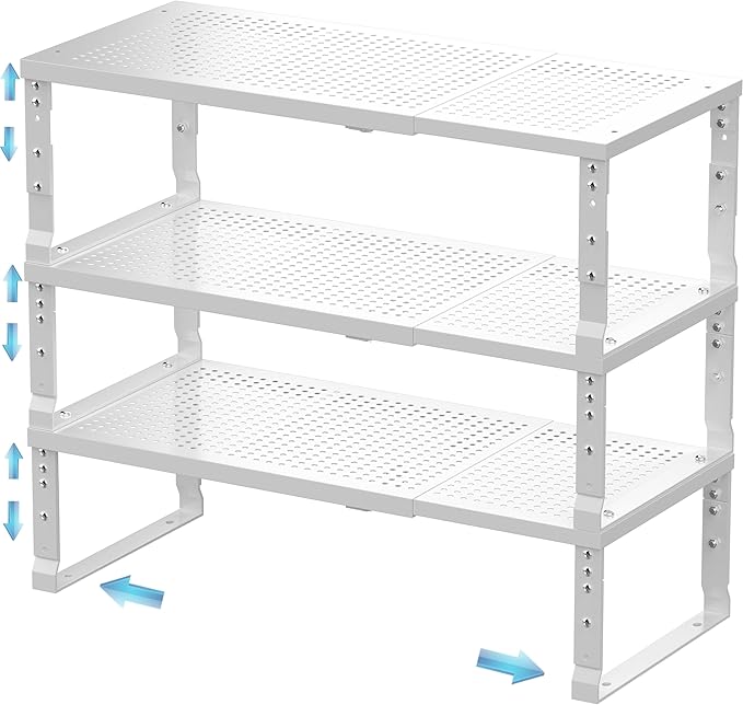 Zilvando Expandable Spice Rack & Kitchen Cabinet Organizer - Stackable, Adjustable Shelves for Cabinets, Countertops, Cupboards & Pantries(3 Packs/Large/White)