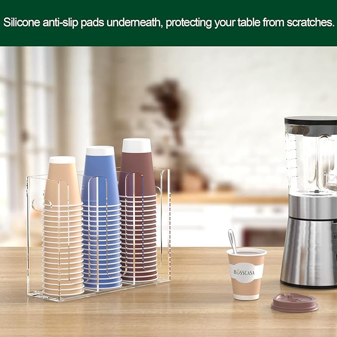 Disposable Coffee Cup Dispenser with Handles, Countertop or Wall Mount Hot/Cold Drink Cup and Lid Holder - Bathroom/Kitchen/Office Acrylic Cup Lid Storage Organizer (3 Compartments, Clear)