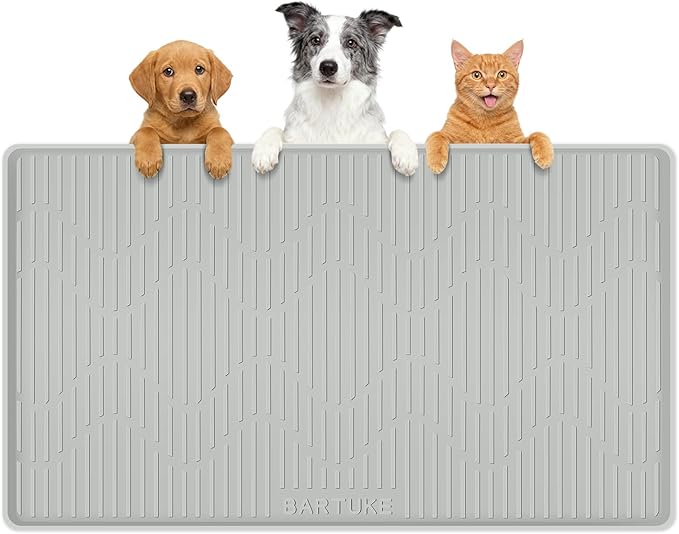 Silicone Cat & Dog Food Mat, 32" x 22" Large Pet Feeding Mat for Cats and Dogs Bowl, Pet Placemat for Food and Water with Raised Edge, Waterproof, Leakproof (Grey)