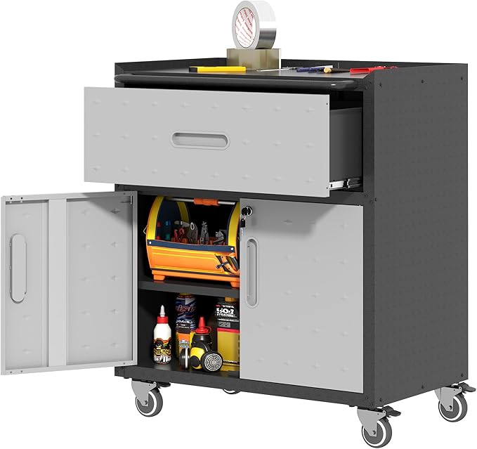 BIZOEIRON Metal Storage Cabinet with Wheels, Rolling Tool Cabinet with Adjustable Shelve, Locking Garage Storage Cabinet with 1 Drawer and 2 Doors for Tools, Assembly Required (Black/Grey)