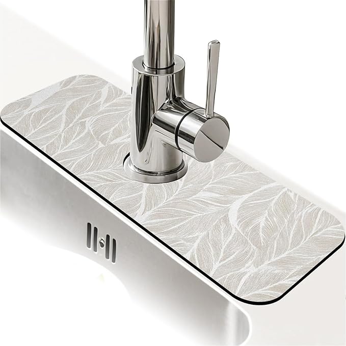 Kitchen Sink Splash Guard，White and beige leaf Faucet Mat Sink Gadgets-Super Absorbent Fast Drying Mat Drip Catcher for Kitchen, Bathroom,Sink Mat, Dish Drying Mat, Bathroom(15" X 5.5" )