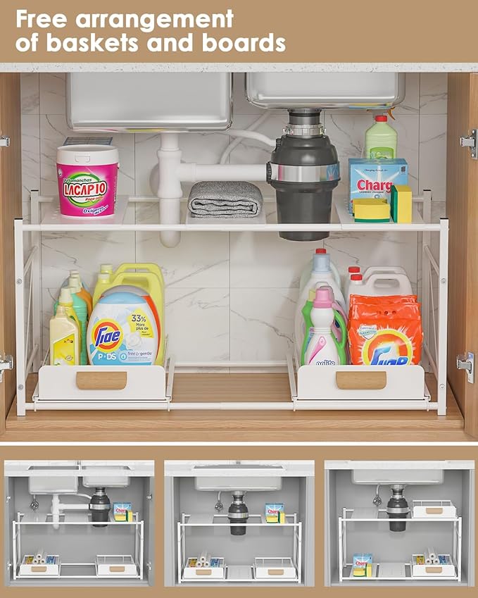 REALINN Extendable Under Sink Organizer, 2 Tier Expandable Under Cabinet Organizer Shelf with Height Adjustable, Retractable Cabinet Storage, White
