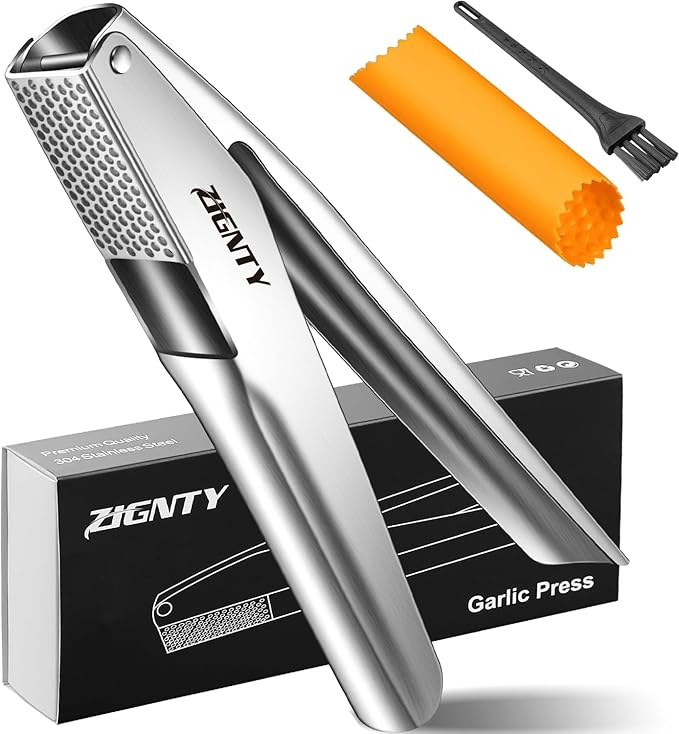 ZIGNTY Garlic Press Stainless Steel, Professional Mincer No Need to Peel, Large Trough Presser Ergonomic Handle Easy Squeeze, Ginger Crusher & Masher Dishwasher Safe Rust Proof