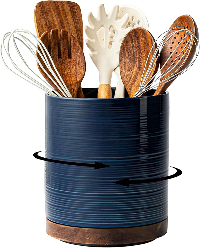 MIKIGEY Utensil Holder, 360° Rotating Extra Large Ceramic Kitchen Utensil Holder for Countertop, 7.3“ Cooking Utensil Crocks for Kitchen Counter with Rotatable Wooden Base, Farmhouse Decor, Dark Blue