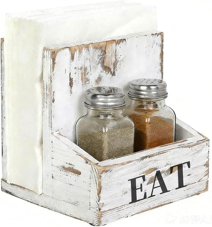MyGift Napkin Holder for Table, Wood Napkin Holder with Salt and Pepper Shakers Set, Condiment Caddy with Bold Black Printed EAT Design, Standing Paper Napkin Storage for Kitchen Dining Table Decor